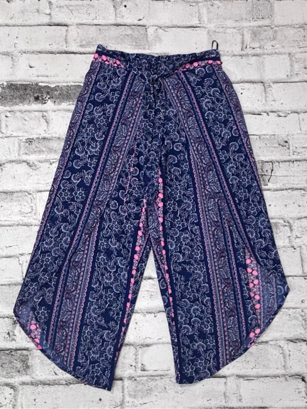 Kids Boho Harem Pants Girls Size 14 Blue Floral Wide Leg